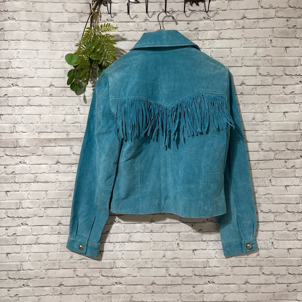 Vintage Margaret Godfrey Turquoise Suede Leather Fringe Western Rodeo Jacket - Picture 6 of 7